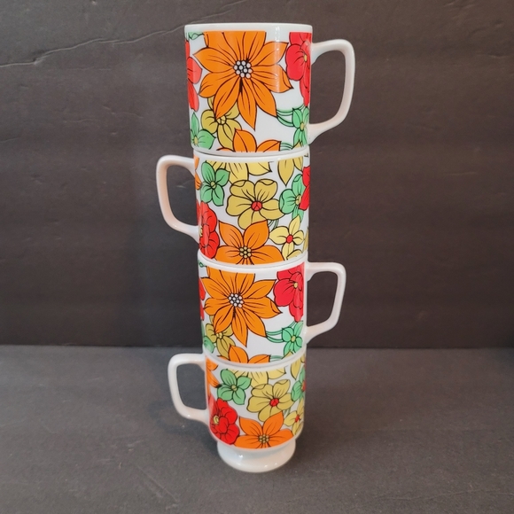 MCM Royal Sealy Japan 1960s Flower Set of 4 Stack Mugs Tea Cups and Plates RARE - Picture 10 of 14